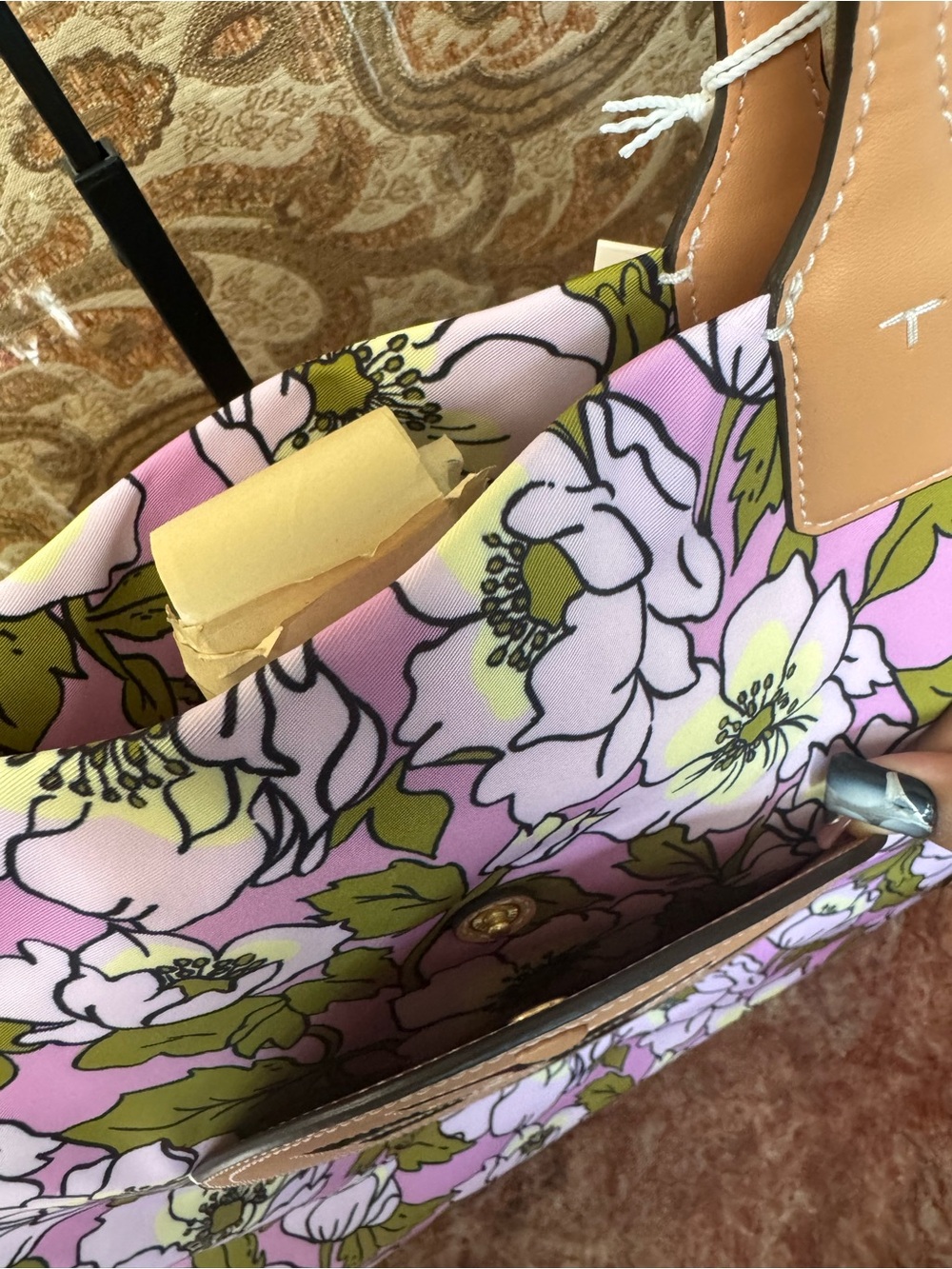100% Authentic Tory Burch Aster Pink Flower Tan Leather Accents - Picture 4 of 6